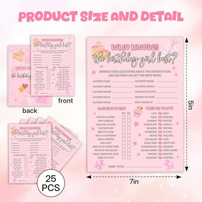 Birthday Party Games, Who Knows The Birthday Girl Best, 25 Pcs Double-Sided Fill-in Card Set for Guests, Fun Birthday Game for Teen Adults – A09
