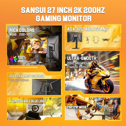 SANSUI Gaming Monitor 27 inch 1440p 200Hz 180Hz, WQHD Fast IPS 1ms Computer Monitor, FreeSync Premium | Brightness 400Nits | 130% sRGB | 10Bits | HDR | ErgoStand | VESA Mount | 2×DP 1.2 & 2×HDMI - size: 27.00001