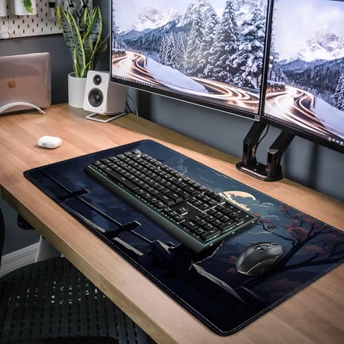 Moon Cat Large Gaming Mouse Pad,Black XL Mouse Pad Gaming 31.5 x 11.8 in Mouse Mat Desk Pad,Large Desk Mat,Extended Keyboard Pad Mousepad with Non-Slip Base and Stitched Edge for Office Home Gaming - color: Moon Cat