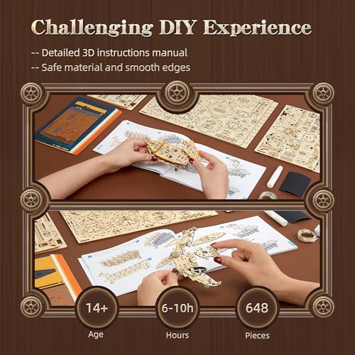 FUNPOLA LED 3D Wood Puzzle Fantasy Airship Model - Steampunk DIY Craft Kit with LED Lights – Intricate Wooden Airship Model Building Set for Adults(Orange) - color: Orange