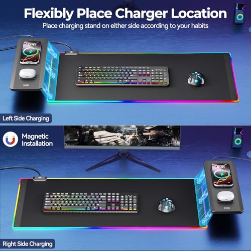 KDD RGB Mouse Pad with Wireless Charging - Desk Mat with Phone Holder and 15W Fast Charger - Gaming Mousepad with Ultra-Smooth Surface, Non-Slip Base - Keyboard Mat for Home Office Gamer Accessories