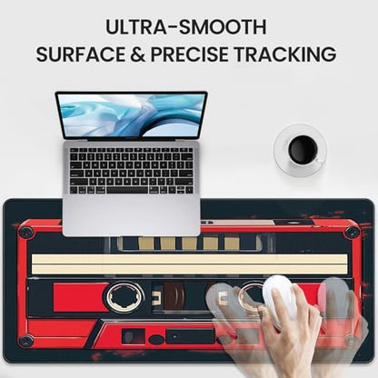 Retro Cassette Tape Design Mouse Pad, 35.4 x 15.7 Inches Gaming Desk Mat with Non-Slip Base for Home Office School Business - color: Retro Cassette Tape