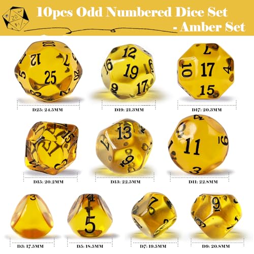 10 Pieces Odd Numbered Polyhedral Dice Set D3-D25, Odd Number Dice D3, D5, D7, D9, D11, D13, D15, D17, D19, D25 for Role Playing Table Games (Amber Set) - color: Amber Set