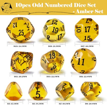 10 Pieces Odd Numbered Polyhedral Dice Set D3-D25, Odd Number Dice D3, D5, D7, D9, D11, D13, D15, D17, D19, D25 for Role Playing Table Games (Amber Set) - color: Amber Set