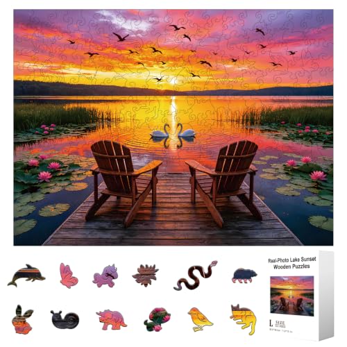 300pcs Wooden Puzzles for Adults Lake & Sunset | Wood Jigsaw Puzzles with Unique Animal Shaped Pieces Challenging Puzzle for Family Game Birthday Gift Home Decor - color: Lake & Sunset
