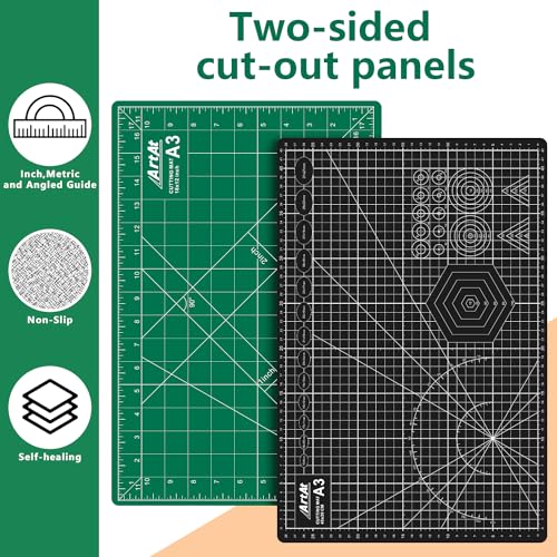 ArtAt Self Healing Cutting Mat: 12inch x 18inch Double Sided 5-Ply Fabric Cutting Mat for Sewing, Quilting & Arts & Crafts - Gridded Rotary Cutting Board Mat in Green/Black. - color: Green/Black, size: 18"L x 12"W