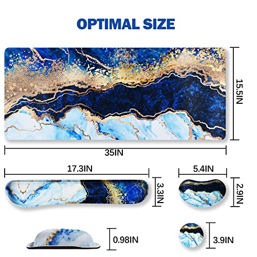 ARTSO Large Gaming Mouse Pad, Keyboard Wrist Rest Pad & Wrist Support Mousepad Set, Stitched Edge, Extended, Non-Slip Base, Memory Foam,Multifunctional Desk Mat 4pcs for Office & Home, Blue Marble - color: Blue Marble
