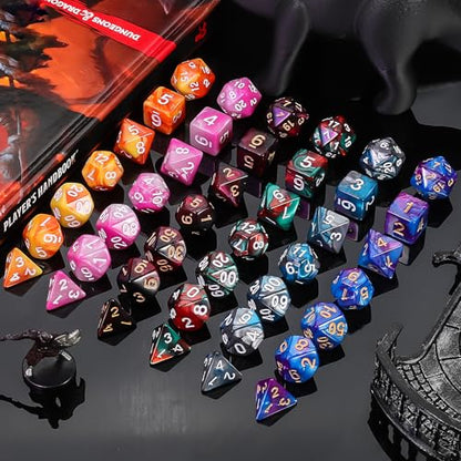 QMay DND Dice Sets - 6 X 7 Polyhedral Dice (42pcs) with 6 Drawstring Bags for Dungeons and Dragons, RPG, MTG,Role Playing Table Game - color: 6 Sets-42pcs