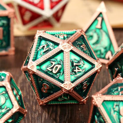 Metal Dice Set, Fly Dragon Pattern, 7pcs Polyhedral Metal DND Dice Set, DND Starter Set, D&D Gifts with Gift Box, Role Playing Board Games Accessories, Green ﻿ - color: Green