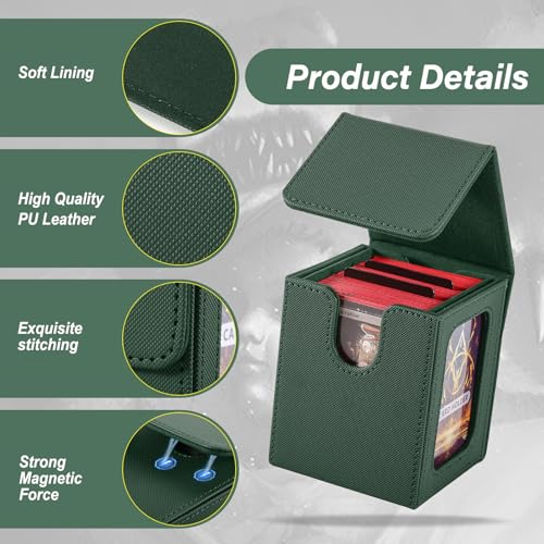 MTG Deck Box, Double Display Window MTG, Commander Deck Box Fits 120+ Single Sleeved Cards, PU Leather Magnetic Closure Card Box with 2 Dividers&2 Toploaders for TCG, CCG, Green - color: Green, size: 1 pack