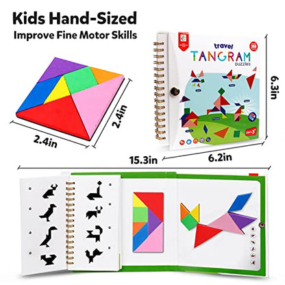 Travel Tangram Puzzle Car Game Magnetic Pattern Blocks Road Airplane Trip Essentials Activities Montessori Educational Toys Brain Teasers Book for Age 4-8 Kids Boys Girls Toddler (368 Solution) - color: 368 Solution