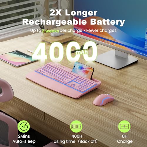 Pink Keyboard and Mouse Wireless Combo, 4000mAh Rechargeable Backlit Quiet Keyboards mice set, USB Ergonomic Key Board with Wrist Rest & Phone Holder for PC, Mac, Windows, Natural Soft Typing —SABLUTE - color: Pink