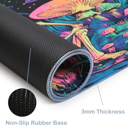 Simpkeely Large Gaming Mouse Pad XL - Blacklight Skull Mushroom Desk Mat, 31.5 x 11.8 Inch Extended Waterproof Keyboard Mousepad with Non-Slip Rubber Base for Gamers & Office Work - color: Mushroom Skull