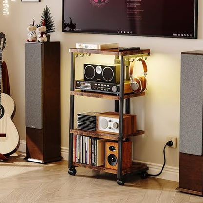 Homeiju AV Media Stand with Charging Station & APP-Controlled RGB Lights | Wooden Entertainment Center, Gaming & TV Stand, Storage for PS5/Xbox/Stereo & DVD Organizer
