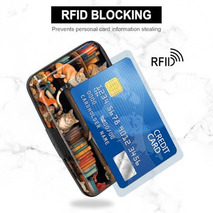 Card Holder Credit Cards Holder for Women RFID wallet women Business Card Holder Wallet Mini Aluminum Card Wallet RFID Blocking Slim Metal Hard Card for Women, Cat Illustration - color: Cat Illustration