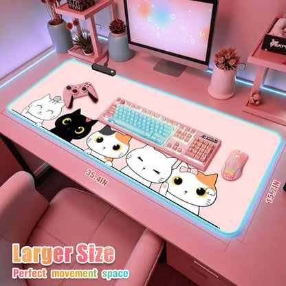 RGB Mouse Pad I Large Mousepad with 14 Led Modes I Keyboard Pad Gaming Desk Mat I Non-Slip Rubber Base Mouse Mat I 900x400x4mm Waterproof Mousepad for PC MacBook Women Girl I Cute Pink Kawaii Cats - color: Cute Pink Kawaii Cats