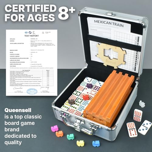 Queensell Mexican Train Dominoes Set Double 15 with 8 Holders - Wooden Hub and Tiles Holders - Double 15 with Dots (D15 + 8 Holders) - style: D15 + 8 Holders