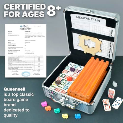 Queensell Mexican Train Dominoes Set Double 15 with 8 Holders - Wooden Hub and Tiles Holders - Double 15 with Dots (D15 + 8 Holders) - style: D15 + 8 Holders