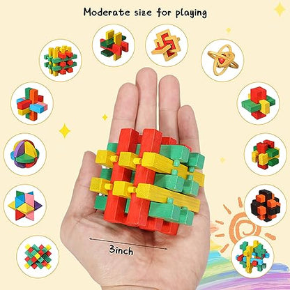 Syhood 12 Pcs Wooden Brain Teaser Puzzles 3D IQ Challenge Toy Games Logic Mind Smart Puzzle Box Lock Toy Brain Teaser Intellectual Removing Assembling Gift Set for Adults Teenagers