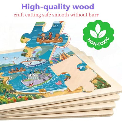 Wooden Puzzles for Kids Ages 4-6, 4 Pack with 24 Pieces Jigsaw Puzzles Preschool Educational Toys Gifts for Children Ages 3-5, Kids Toys Gifts for 4+ Year Olds Boys Girls - color: Vehicle Farm Airplane Boat