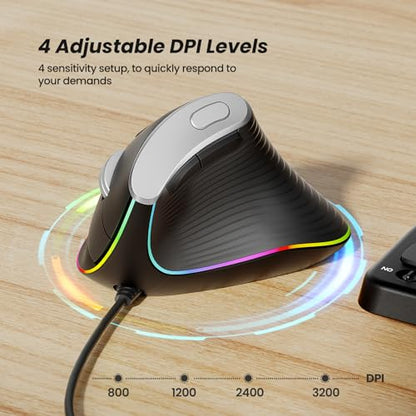 Nulea M504 유선 수직 마우스, USB 광학 인체 공학적 마우스, 4가지 조절 가능한 DPI, 11가지 RGB 백라이트 모드, 노트북, PC, 데스크톱, 맥과 호환, 블랙 - color: B-블랙