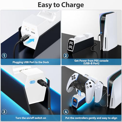 Controller Charger Station Compatible with Play 5 Faceplates Edge & Dual Controller, 9 Lightings P 5 Accessories Charging Station, P 5 Dock Stand with LED Indicator & On-Off Switch, White & Black for PlayStation Consoles - color: White & Black