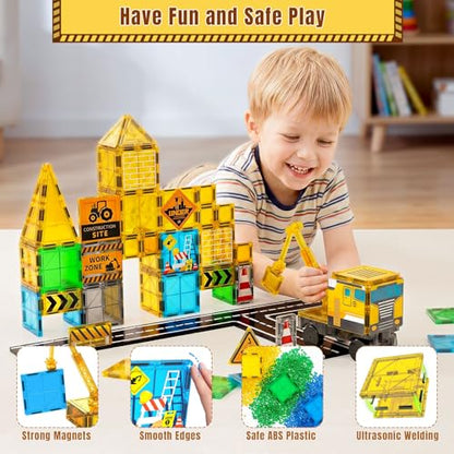 SKTMYY Magnetic Tiles for Kids, Construction Toys with Crane Road Truck Magnets Building Blocks Gifts for Kids Ages 3-5 4-8 Montessori Preschool Educational STEM Toy Gifts for 3+ Years Old Boys - style: Construction Magnetic Tiles