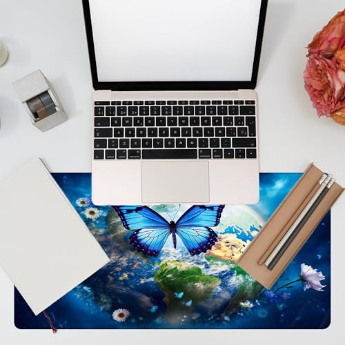 Desk Mat, Earth Surrounded by Flowers Desk Pad, Blue Butterfly Large Gaming Mouse Pad, 31.5"x15.7", Extended Big Computer Keyboard Mouse Pad with Non-Slip Base and Stitched Edge - color: Earth Surrounded By Flowers