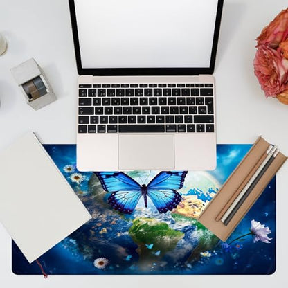 Desk Mat, Earth Surrounded by Flowers Desk Pad, Blue Butterfly Large Gaming Mouse Pad, 31.5"x15.7", Extended Big Computer Keyboard Mouse Pad with Non-Slip Base and Stitched Edge - color: Earth Surrounded By Flowers