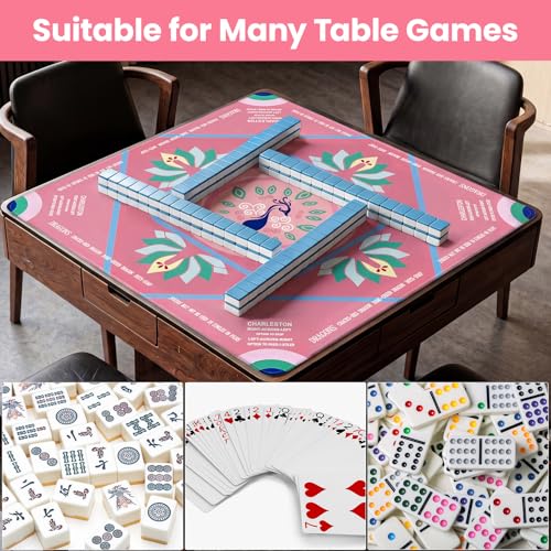 Mahjong Mat with Rules, 32.2 Inch Square Mahjong Mats for Table, Noise Reduction Mah Jong Mat, Rubber Anti-Slip Base for Board Games, Tiles Game & Dominoes Pink - color: Pink