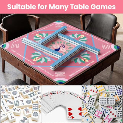 Mahjong Mat with Rules, 32.2 Inch Square Mahjong Mats for Table, Noise Reduction Mah Jong Mat, Rubber Anti-Slip Base for Board Games, Tiles Game & Dominoes Pink - color: Pink