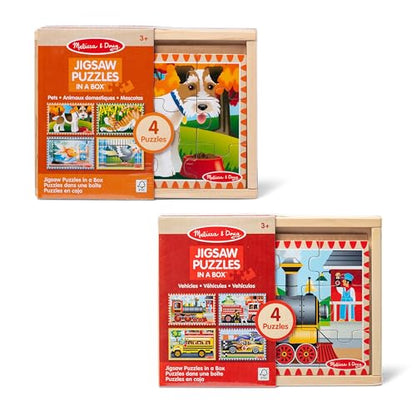 Melissa & Doug Wooden Jigsaw Puzzles in a Box 2-Pack for Preschool Boys and Girls – Pets, Vehicles