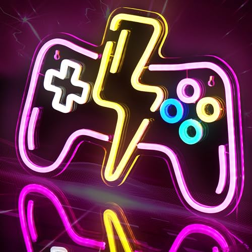 Pink LED Game Neon Sign Light for Gamer Room Decor USB Powered with Switch Gaming Accessories Acrylic Gamepad Neon Sign for Video Game Room Teen Girls Bedroom Wall Decor Gift Ideas for Gamer - style: Lightning Pink Gampad