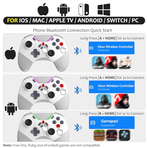 Hall Effect Bluetooth Controller for Switch/PC/iPhone/Android/Apple Arcade MFi Games/Mac/TV/Steam, Pro Wireless Game Controller with Phone Clip with Lock Speed/6-Axis Gyro/Dual Motors/Turbo/Switch Key - color: White