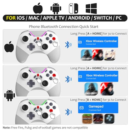 Hall Effect Bluetooth Controller for Switch/PC/iPhone/Android/Apple Arcade MFi Games/Mac/TV/Steam, Pro Wireless Game Controller with Phone Clip with Lock Speed/6-Axis Gyro/Dual Motors/Turbo/Switch Key - color: White