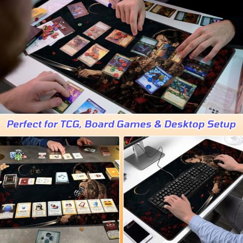 Moonlit Samurai Woman MTG Playmat, Card Game Play Mat with Stitched Edges, Smooth Surface Board Game Trading Card Mat, Non-Slip Rubber Base Large Gaming Mouse Pad 24 x 14 Inch - color: Moonlit Samurai Woman