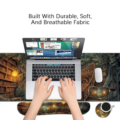 Desk Mat, Large Gaming Mouse Pad with Wrist Rest, 4 in1 XXL Mouse pad+Keyboard Wrist Rest+Mouse Pad Wrist Support+Cup Coaster Set, Ergonomic Desk Pad for Home Office, Trees Library - color: Trees Library