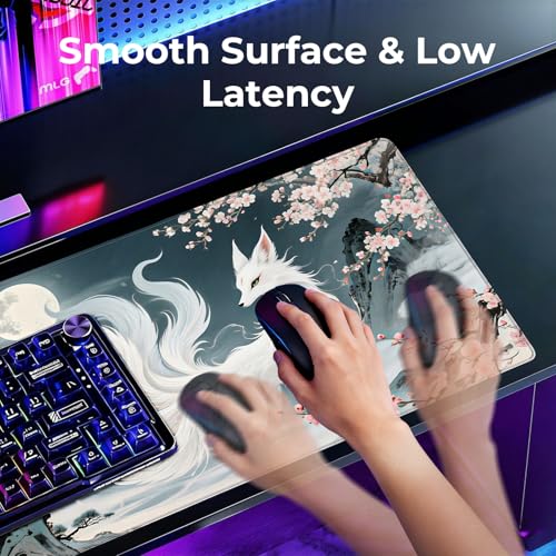 Large Fox Mouse Pad, Chinese Landscape Gaming Desk Mat 31.5X15.7 | HD Print, Non Slip Rubber Base, Waterproof Fabric Top, Stitched Edges, Ideal Gift for Dorm, Home, Office & Back to School - color: Pink