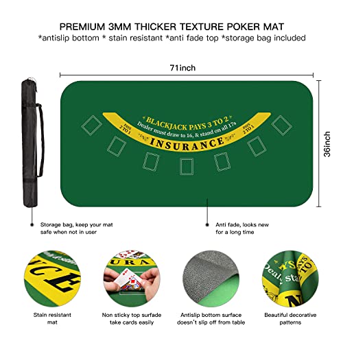 70" x 35" Poker Mat for Table with Carrying Bag, Professional Casino Blackjack Tabletop Layout Poker Table Mat, Non-Slip Rubber Poker Table Top Cover for Parties, Home Entertainment, Poker Game Night - color: Dark Green-blackjack