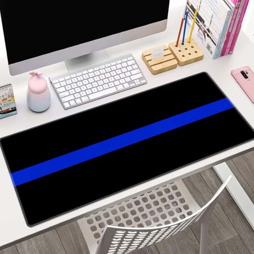 Extended Gaming Mouse Pad Big, Thin Blue Line Long Mouse Pad Large, 31.5x11.8in Non-Slip Rubber Base Black Mousepad, Stitched Edges Keyboard Mouse Mat Desk Pad - color: Thin Blue Line