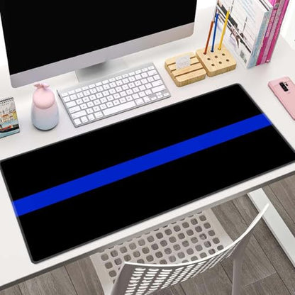 Extended Gaming Mouse Pad Big, Thin Blue Line Long Mouse Pad Large, 31.5x11.8in Non-Slip Rubber Base Black Mousepad, Stitched Edges Keyboard Mouse Mat Desk Pad - color: Thin Blue Line