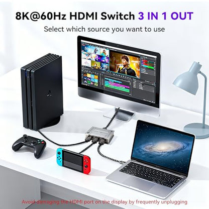 8K HDMI 2.1 Bi-Directional Switch, 3-in 1-Out & 1-in 3-Out, Support 8K@60Hz 4K@120Hz HDR+ Dolby Vision, HDMI 2.1 Splitter Compatible with PS5/4 Xbox Nintendo Switch Roku Apple TV Fire Stick