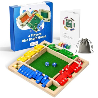 Shut The Box Game Wooden Board Dice Game, 2-4 Players Table Math Games for Kids and Adults, Fun Family Game Night Classroom Home Party or Pub Strategy Games