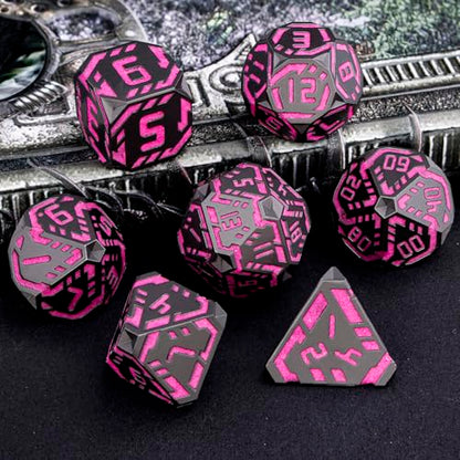 Metal DND Sci-fi Dice Set 7PCS Luminous Pink Stripe Polyhedral Dice for Dungeons Dragons RPG Role Playing Game, Glitter D and D Dice with Gift Box D6 D8 D10 D12 D20 - color: Nightlight - Pink