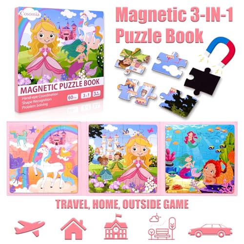 Magnetic Puzzles for Kids Ages 3-5, Princess Unicorn Mermaid | 3-in-1 Travel Puzzles for Kids Ages 4-6, Car Airplane Road Trip Activities Toys for 3 4 5 6 Year Old Girls