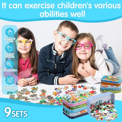 Libima 9 Boxes Party Favors Jigsaw Puzzles in a Metal Box for Birthday Favors Supplies Wooden Puzzle Gifts, 9 Styles, 60 Pieces Each(Delicate Style) - style: Delicate Style