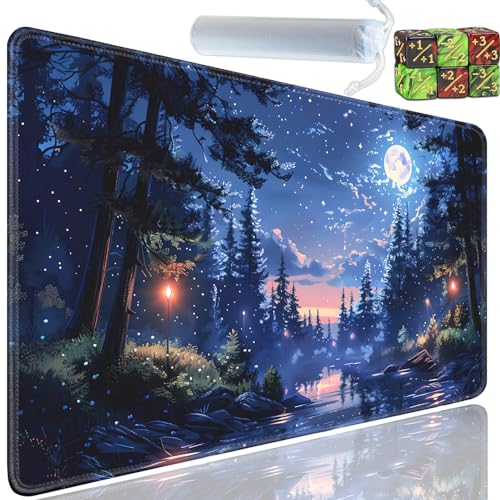Playmat for MTG, 24x14 Inches Playmats, for TCG and CCG Trading Card Game Mat, Non-Slip Rubber for MTG Playmats with A Storage Bag and 6 Dice Set, Forest Night View, Moon - color: Yu-Playmat-1-A26