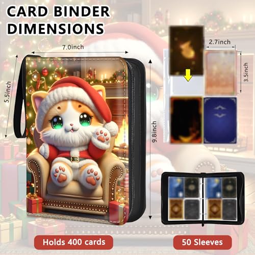 4 Pocket Trading Card Binder, Holds 400 Cards, PU Zipper Binder | PU leather cover, holds 400 cards, 50 removable pages, zipper closure, portable storage and protection. - color: Christmas cats