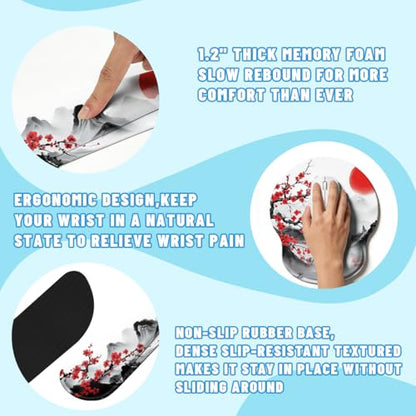 Cherry Blossom Desk Mat Set Zen Ink Landscape Large Mouse Pad with Wrist Rest 4-in-1 Desk Mat for Desktop Ergonomic Computer Desk Arm Wrist Anti-Slip Computer Ergonomic Mouse Pad Home Office Gaming - color: Cherry Blossom, size: 34.5" x 15.7"