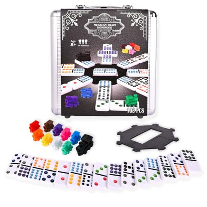 Sunny Days Entertainment Elbow Room Games Mexican Train Dominoes Set – Double 12 Color Dot Dominos Game with Tin Case & Hub for Family Fun | 91 Pieces, Plastic Tiles, Tin Storage Case, Central Hub, 6 Players, 8 in x 8 in, Family Game Night